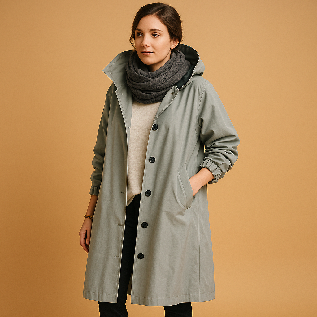 Women’s long waterproof raincoat with adjustable waist, breathable fabric, and detachable hood. Stylish and practical for rainy days.