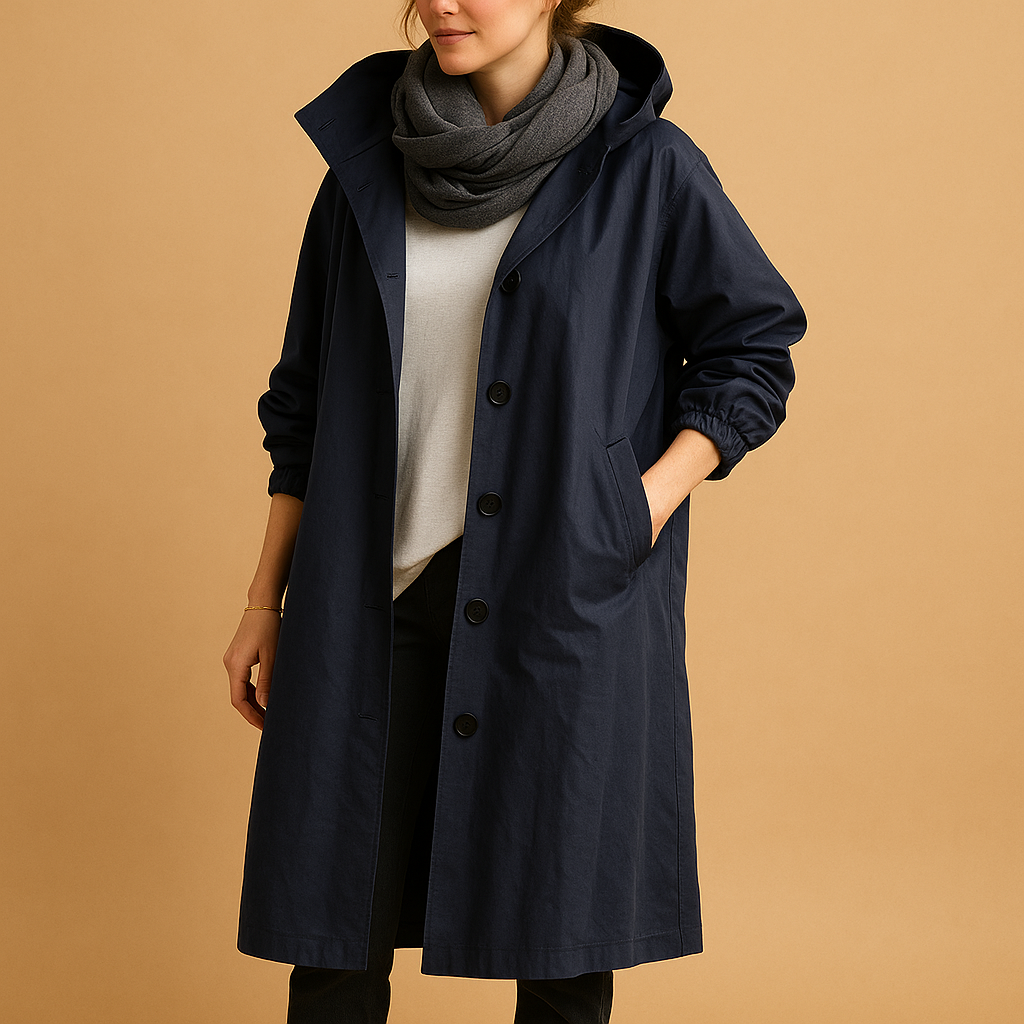 Women’s long waterproof raincoat with adjustable waist, breathable fabric, and detachable hood. Stylish and practical for rainy days.