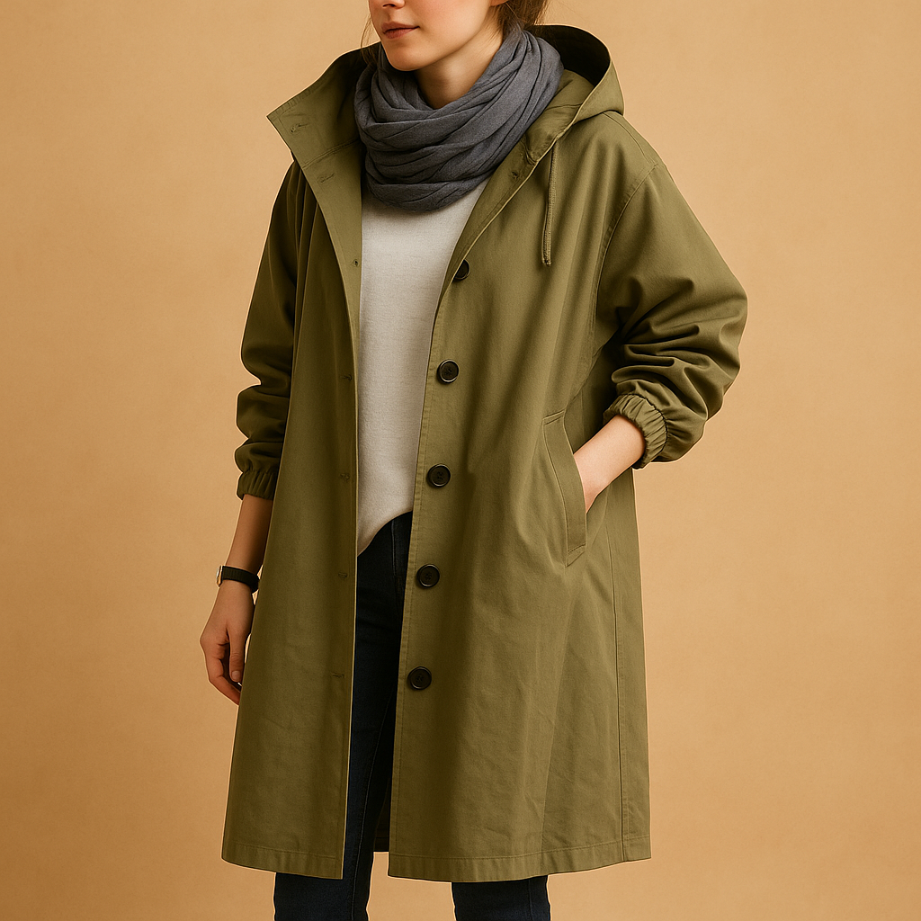 Women’s long waterproof raincoat with adjustable waist, breathable fabric, and detachable hood. Stylish and practical for rainy days.