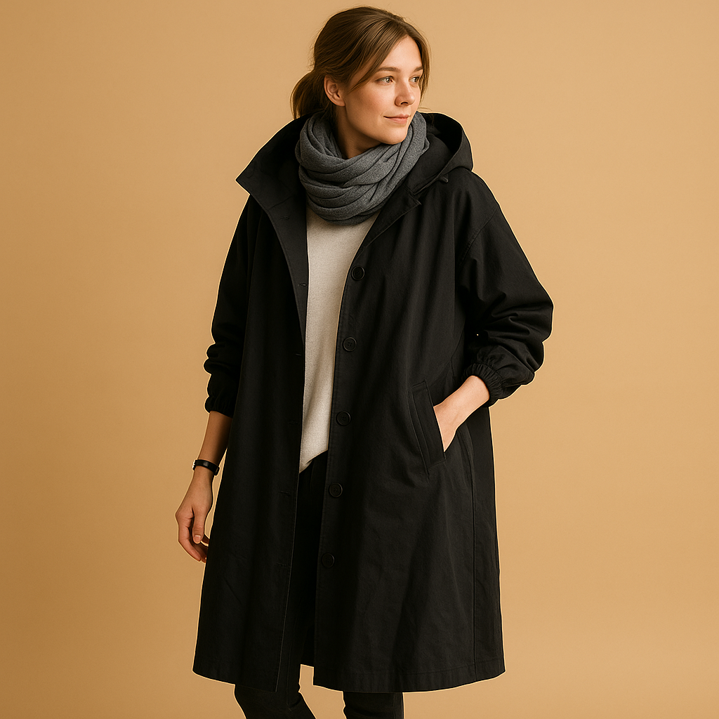 Women’s long waterproof raincoat with adjustable waist, breathable fabric, and detachable hood. Stylish and practical for rainy days.