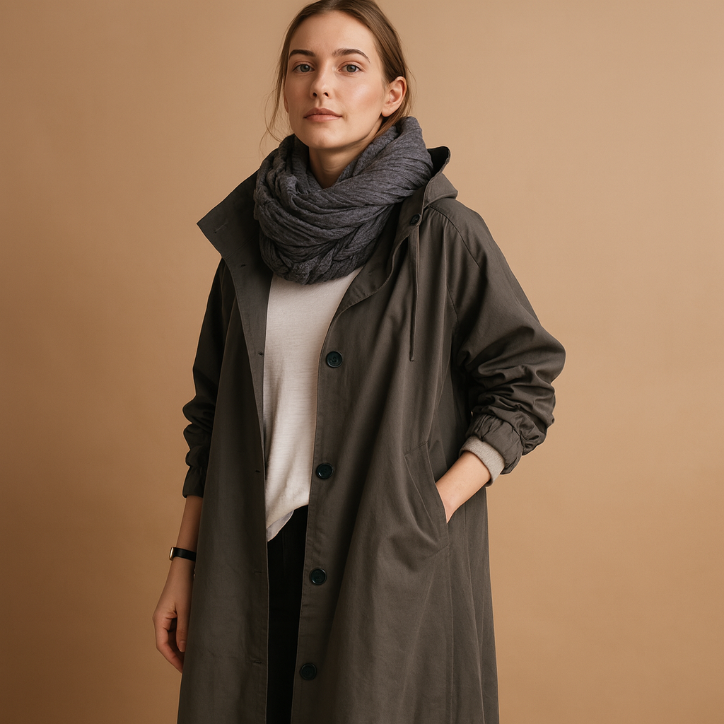Women’s long waterproof raincoat with adjustable waist, breathable fabric, and detachable hood. Stylish and practical for rainy days.