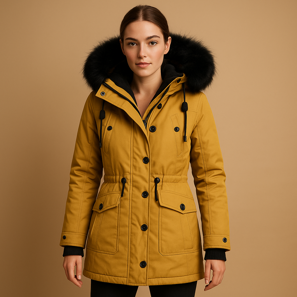 Women’s long waterproof winter coat with luxury fur collar, insulated lining, and extended fit. Available in gold, black, green, pink, red, and yellow.
