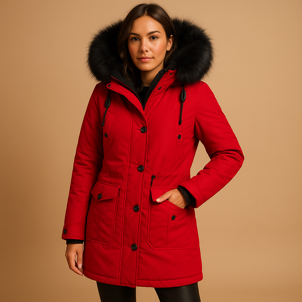 Women’s long waterproof winter coat with luxury fur collar, insulated lining, and extended fit. Available in gold, black, green, pink, red, and yellow.