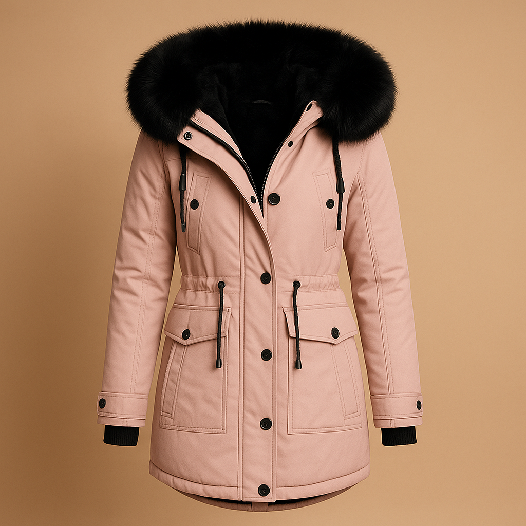 Women’s long waterproof winter coat with luxury fur collar, insulated lining, and extended fit. Available in gold, black, green, pink, red, and yellow.