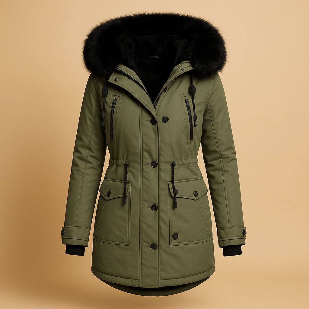 Women’s long waterproof winter coat with luxury fur collar, insulated lining, and extended fit. Available in gold, black, green, pink, red, and yellow.