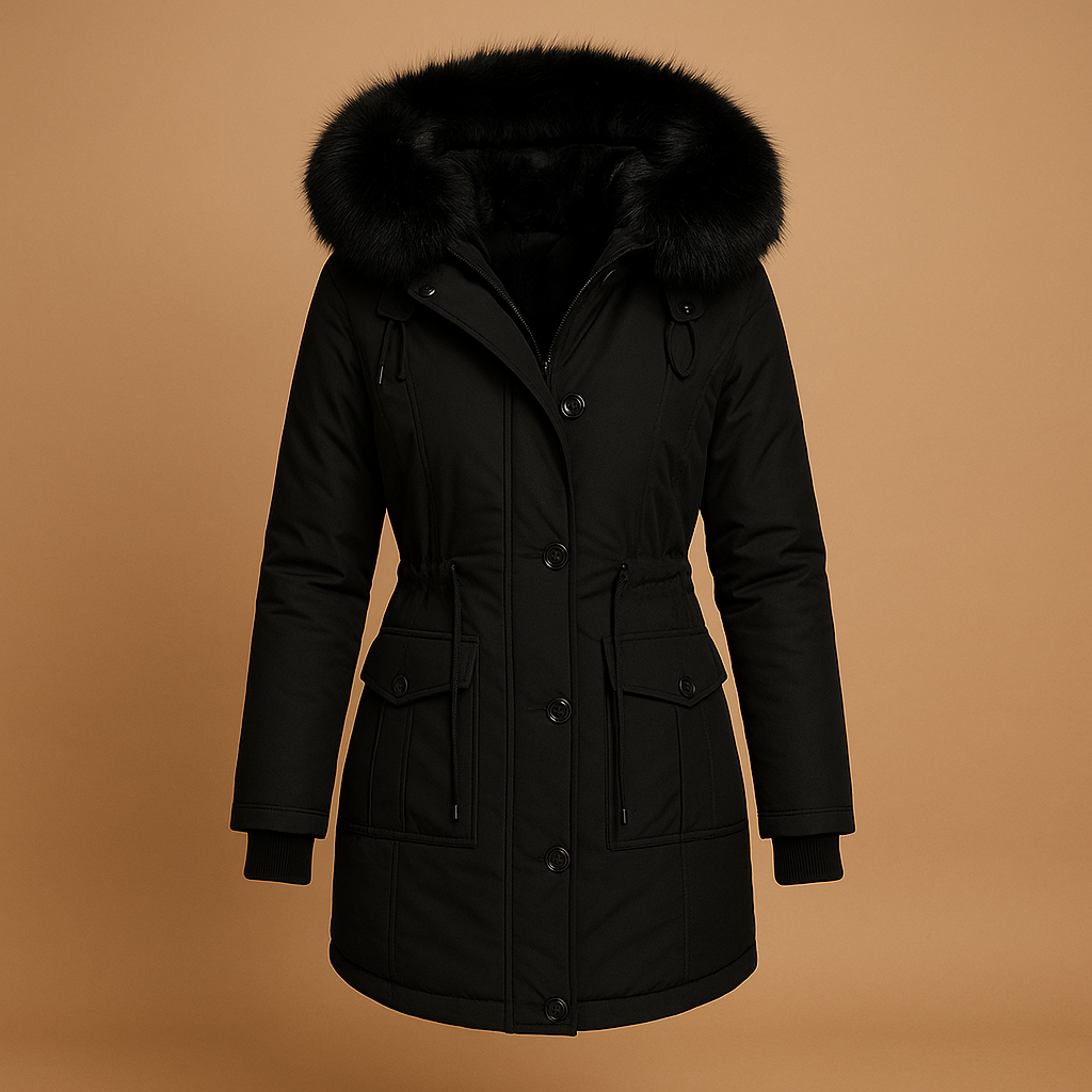 Women’s long waterproof winter coat with luxury fur collar, insulated lining, and extended fit. Available in gold, black, green, pink, red, and yellow.