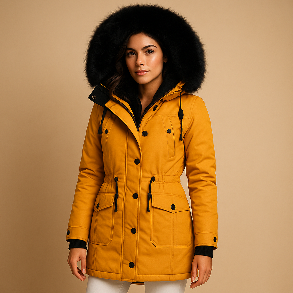 Women’s long waterproof winter coat with luxury fur collar, insulated lining, and extended fit. Available in gold, black, green, pink, red, and yellow.