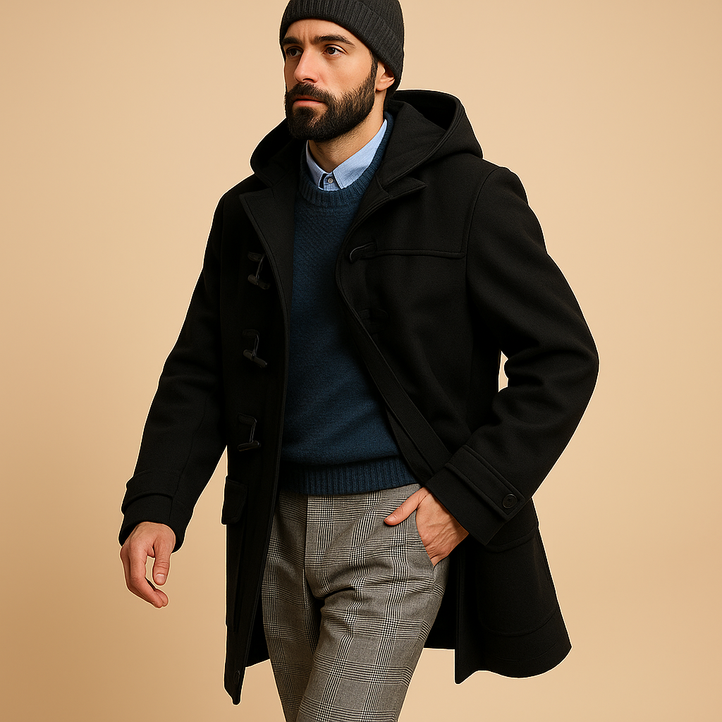Men’s long winter coat with insulated design and elegant cut, perfect for cold days, work, and everyday wear.