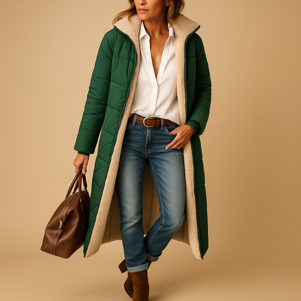 Women’s long winter coat with full-length design and high-quality insulation, available in black, beige, and navy blue for elegant cold-weather wear.