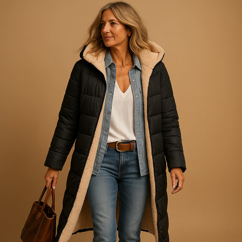 Women’s long winter coat with full-length design and high-quality insulation, available in black, beige, and navy blue for elegant cold-weather wear.