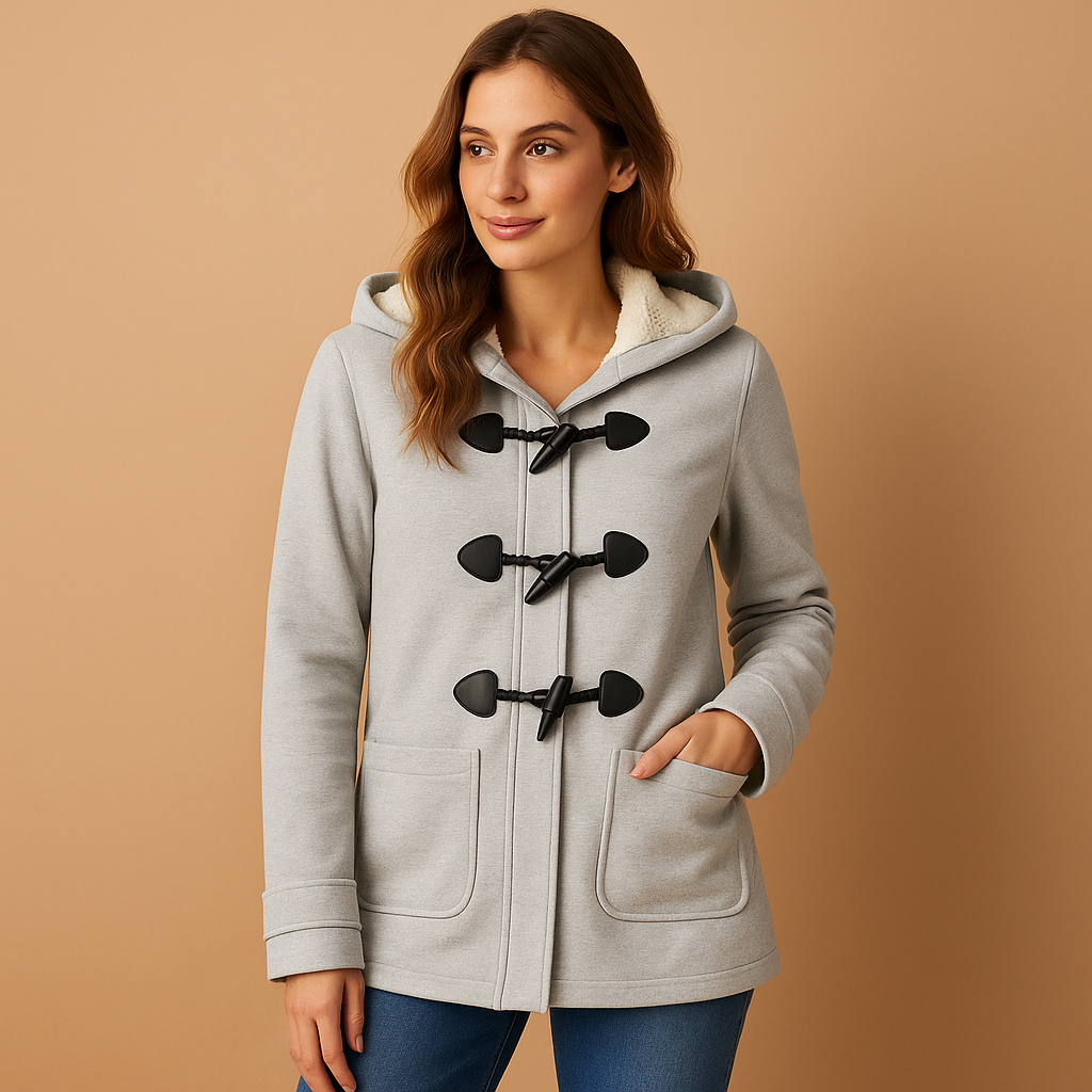 Long winter coat for women with hood, wind-resistant finish and modern elegant silhouette for warm winter comfort.