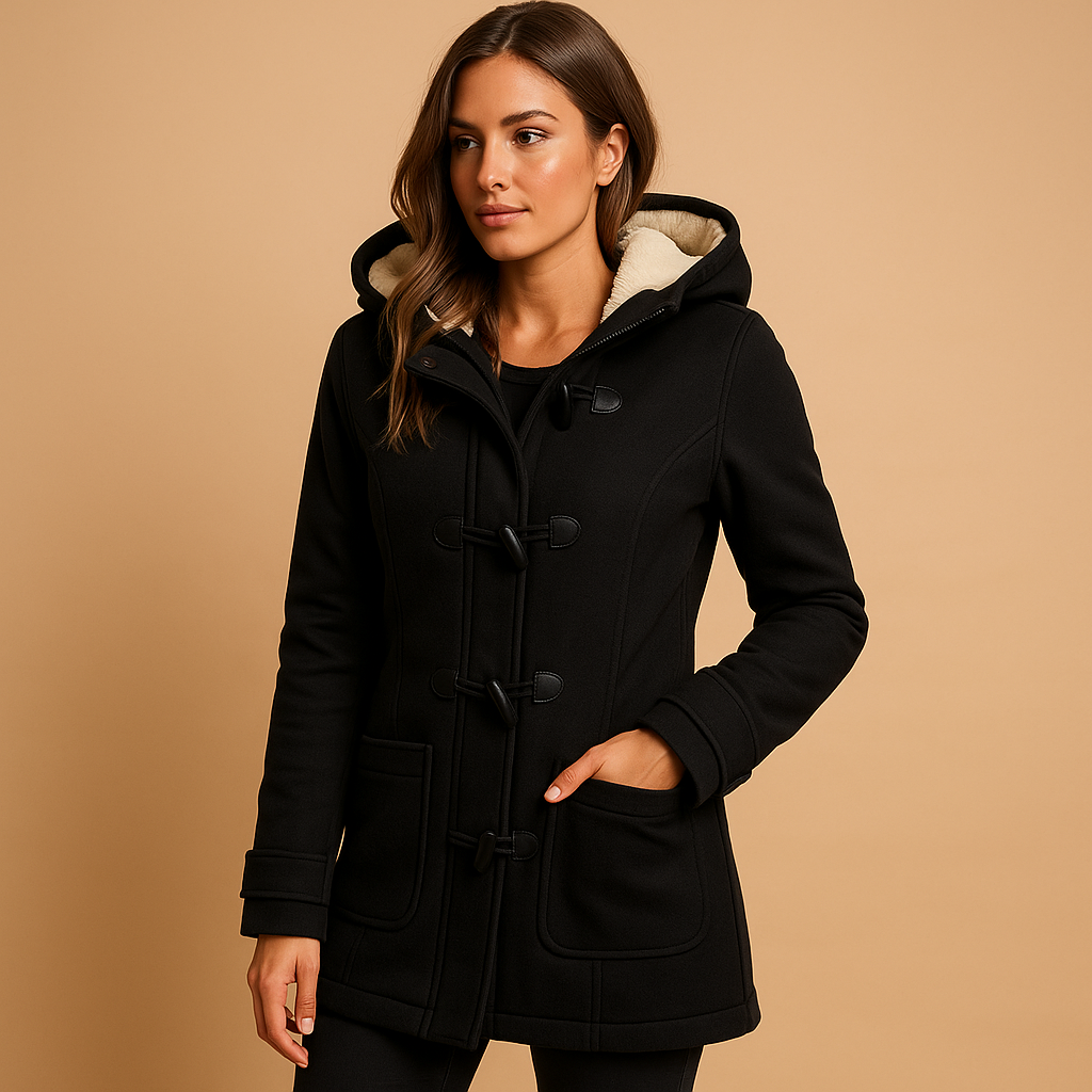 Long winter coat for women with hood, wind-resistant finish and modern elegant silhouette for warm winter comfort.
