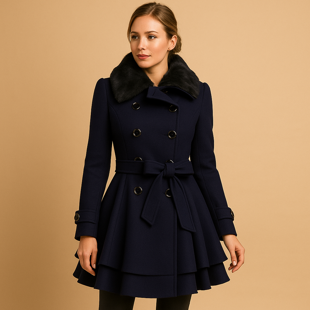 Long winter coat for women with faux fur collar, soft fabric, and elegant fit—ideal for city walks, events, or daily winter wear.