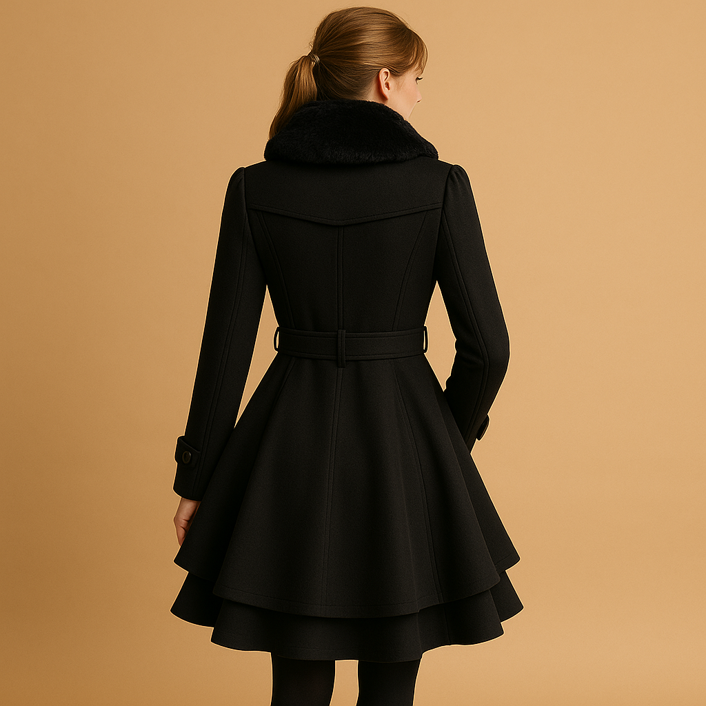 Long winter coat for women with faux fur collar, soft fabric, and elegant fit—ideal for city walks, events, or daily winter wear.