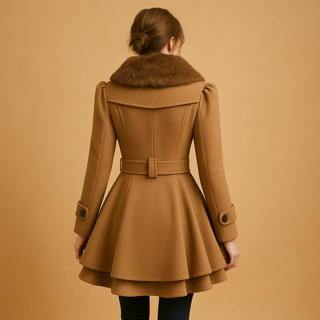 Long winter coat for women with faux fur collar, soft fabric, and elegant fit—ideal for city walks, events, or daily winter wear.