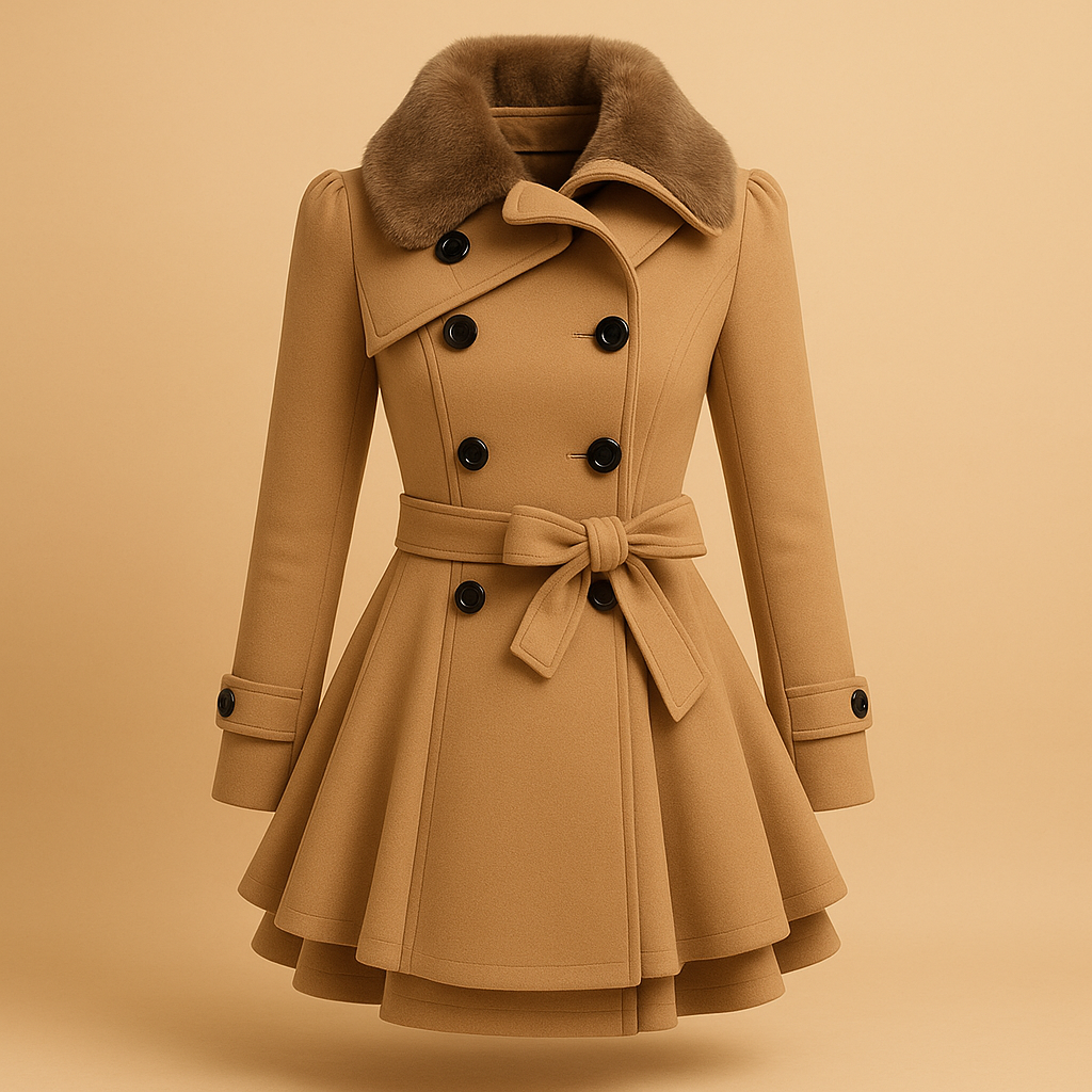 Long winter coat for women with faux fur collar, soft fabric, and elegant fit—ideal for city walks, events, or daily winter wear.