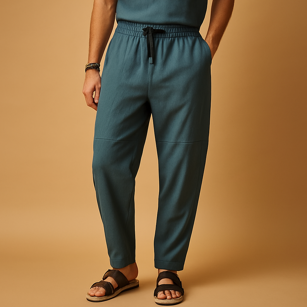 Men’s loose cotton pants in breathable fabric, ideal for warm days, casual outings, and year-round comfort.
