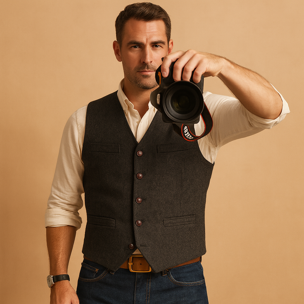 Men’s vest with adjustable button closure and sleek pockets, ideal for formal and casual outfits in autumn and winter.