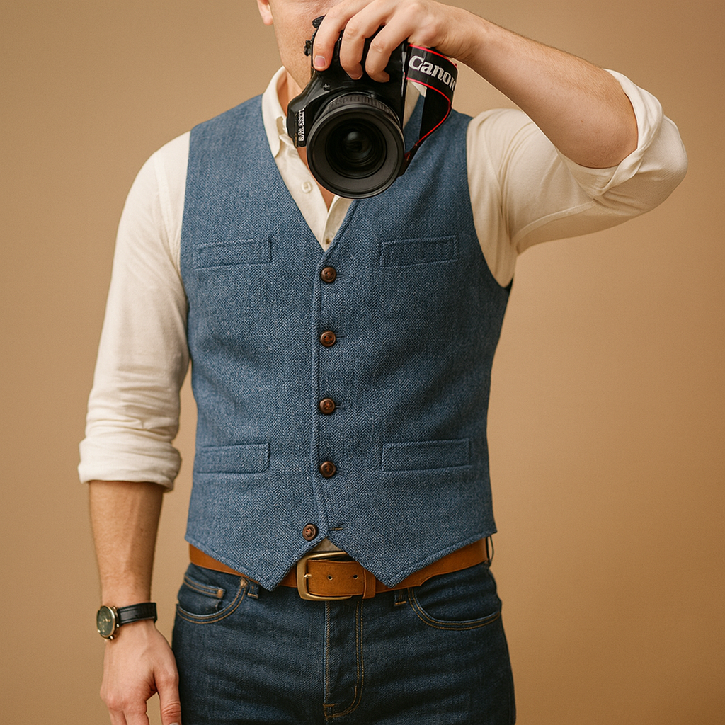 Men’s vest with adjustable button closure and sleek pockets, ideal for formal and casual outfits in autumn and winter.