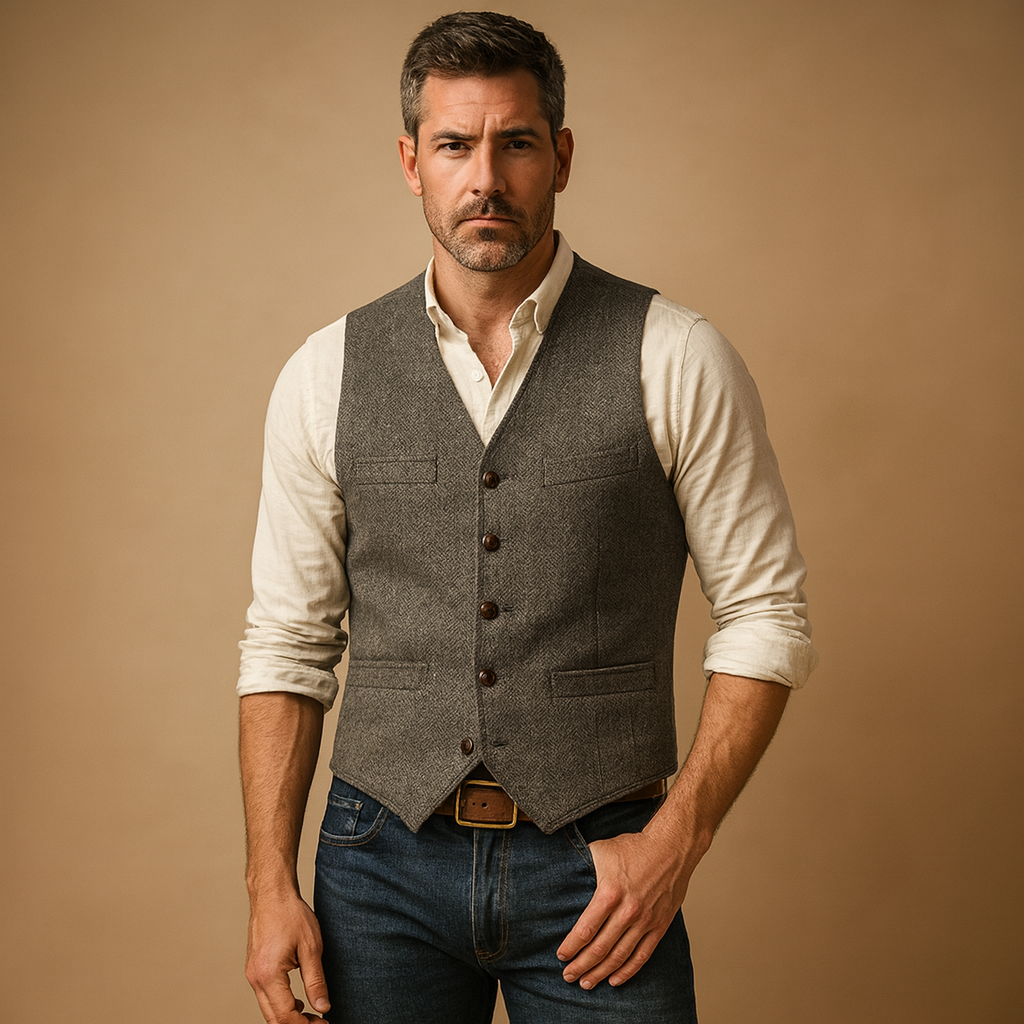 Men’s vest with adjustable button closure and sleek pockets, ideal for formal and casual outfits in autumn and winter.