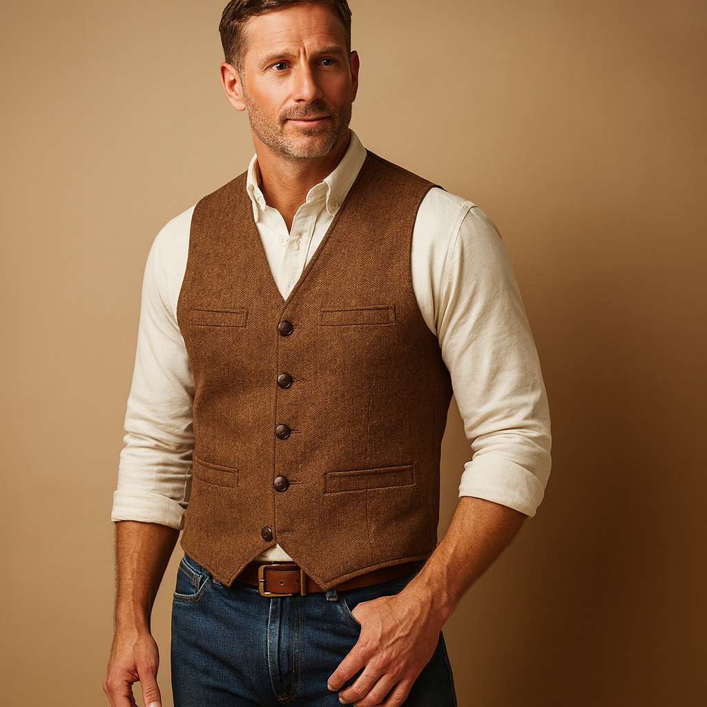 Men’s vest with adjustable button closure and sleek pockets, ideal for formal and casual outfits in autumn and winter.