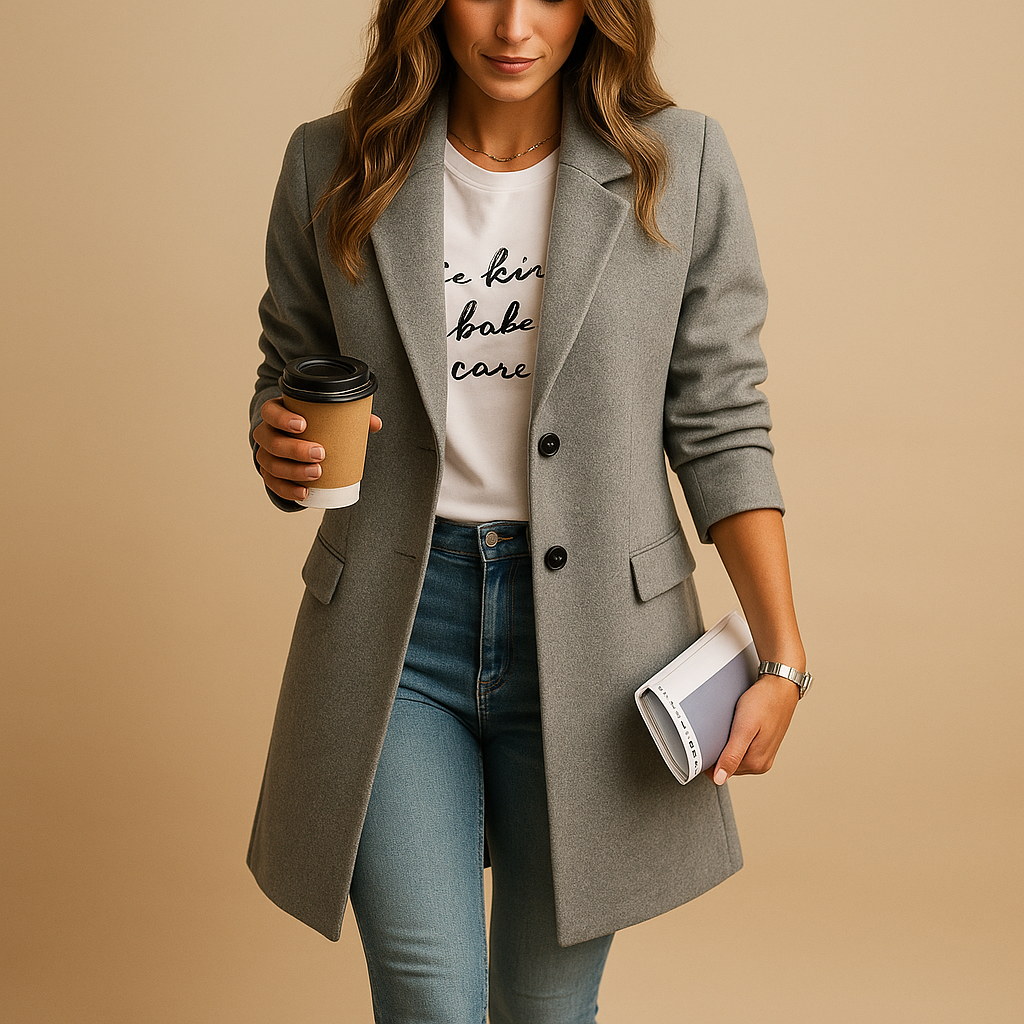 Women’s mid-length coat with feminine tailored fit and refined details, available in black, camel, and navy. Ideal for work, parties, or daily wear.