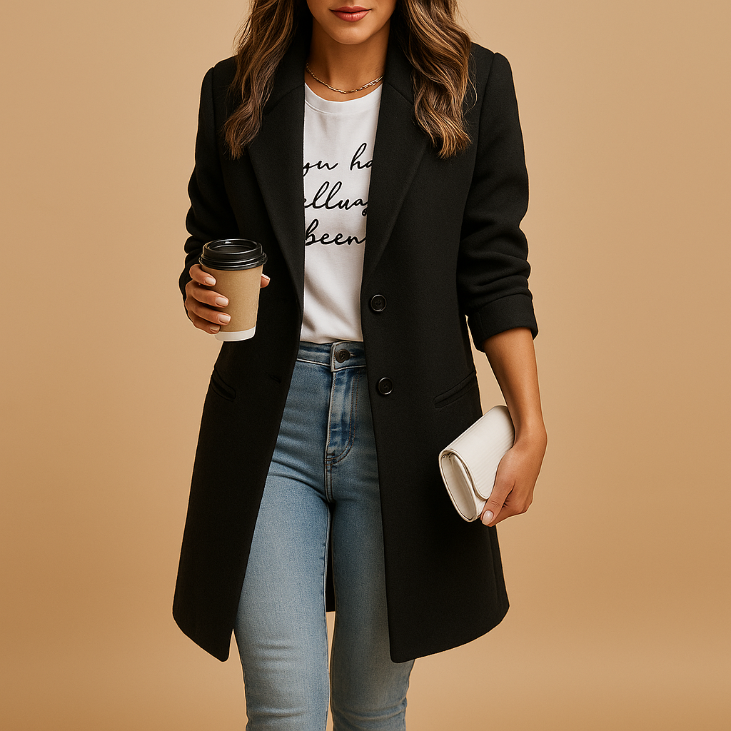 Women’s mid-length coat with feminine tailored fit and refined details, available in black, camel, and navy. Ideal for work, parties, or daily wear.