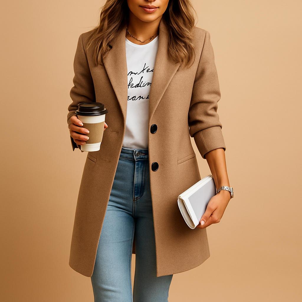 Women’s mid-length coat with feminine tailored fit and refined details, available in black, camel, and navy. Ideal for work, parties, or daily wear.