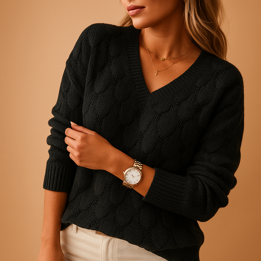 Women’s minimalist knitted sweater with round neckline, breathable cotton blend, and relaxed fit. Ideal for casual wear or semi-formal occasions.