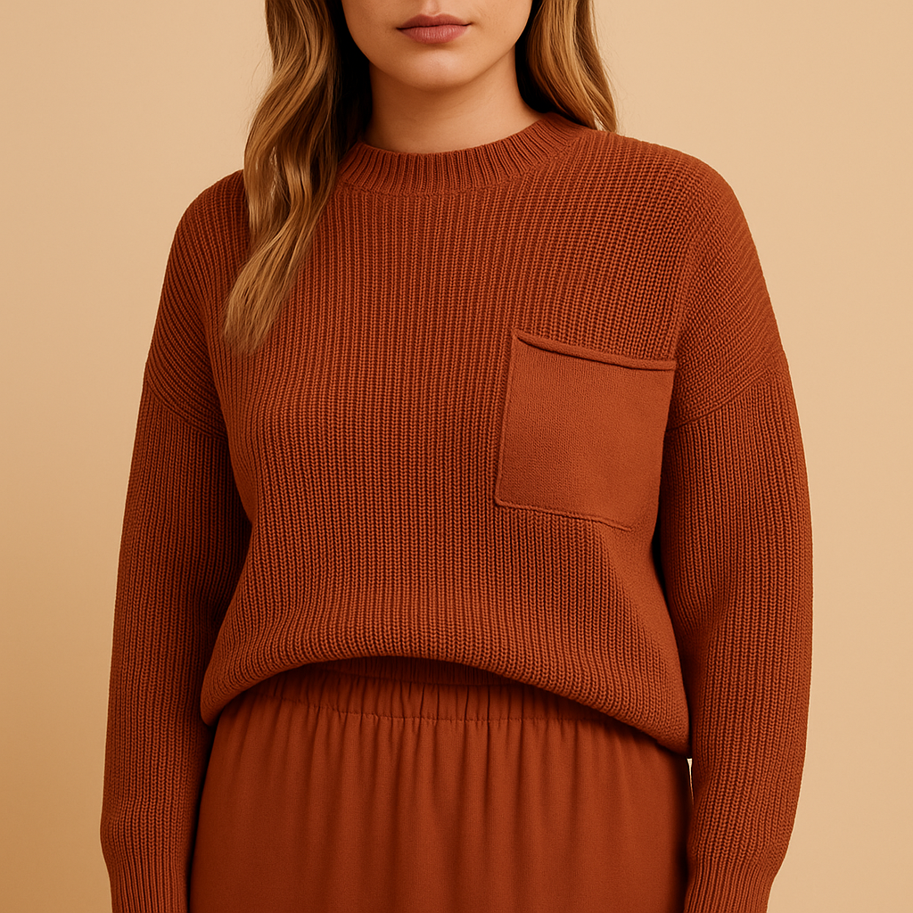 Minimalist women’s knitted sweater with a relaxed fit and clean silhouette, ideal for everyday outfits and semi-formal occasions.
