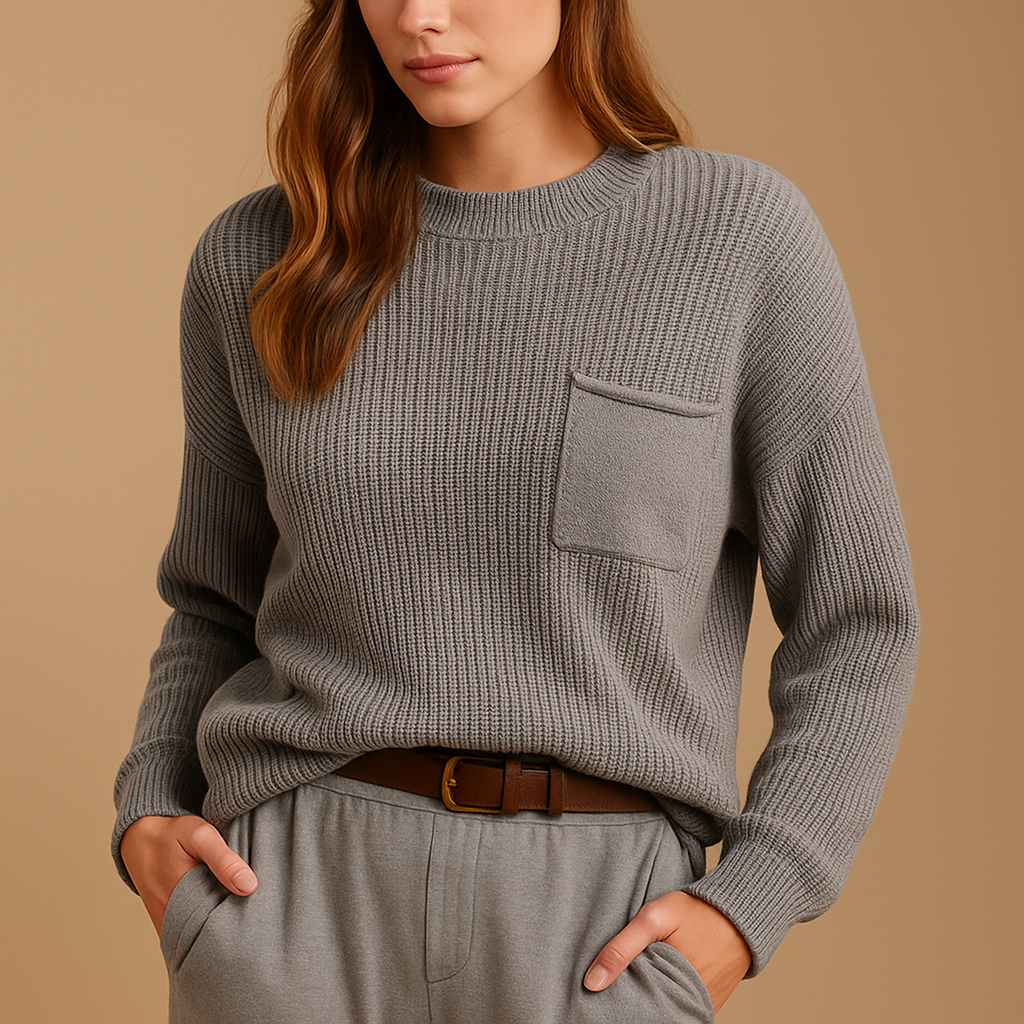 Minimalist women’s knitted sweater with a relaxed fit and clean silhouette, ideal for everyday outfits and semi-formal occasions.