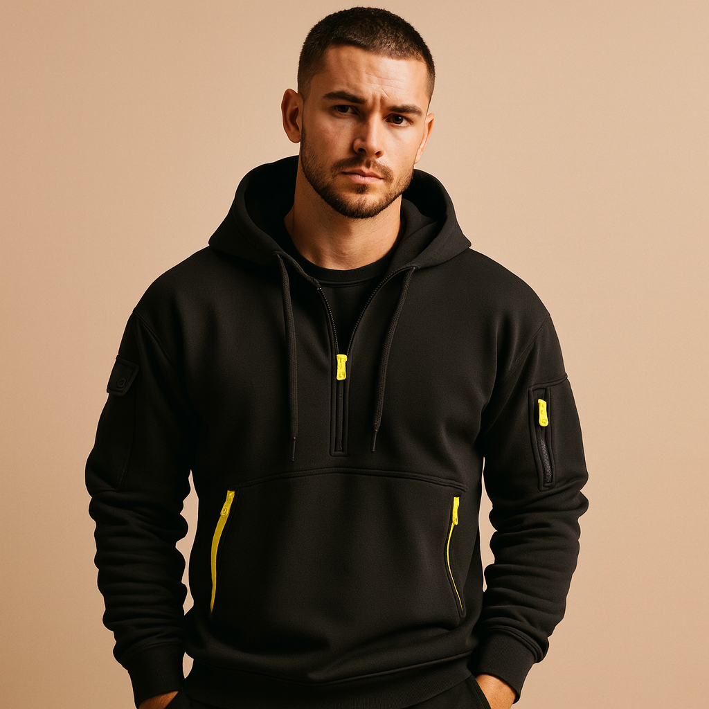 Men’s modern hooded sweatshirt in khaki, black, gray, and navy blue, soft, comfortable, and perfect for casual or sporty wear in autumn and winter.