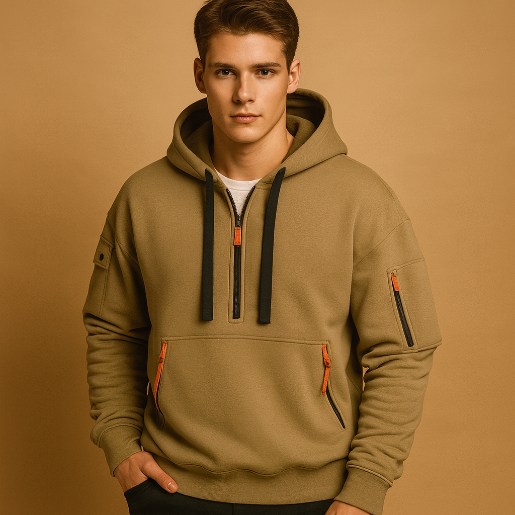 Men’s modern hooded sweatshirt in khaki, black, gray, and navy blue, soft, comfortable, and perfect for casual or sporty wear in autumn and winter.