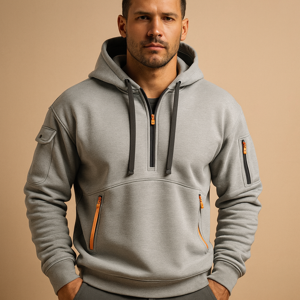 Men’s modern hooded sweatshirt in khaki, black, gray, and navy blue, soft, comfortable, and perfect for casual or sporty wear in autumn and winter.