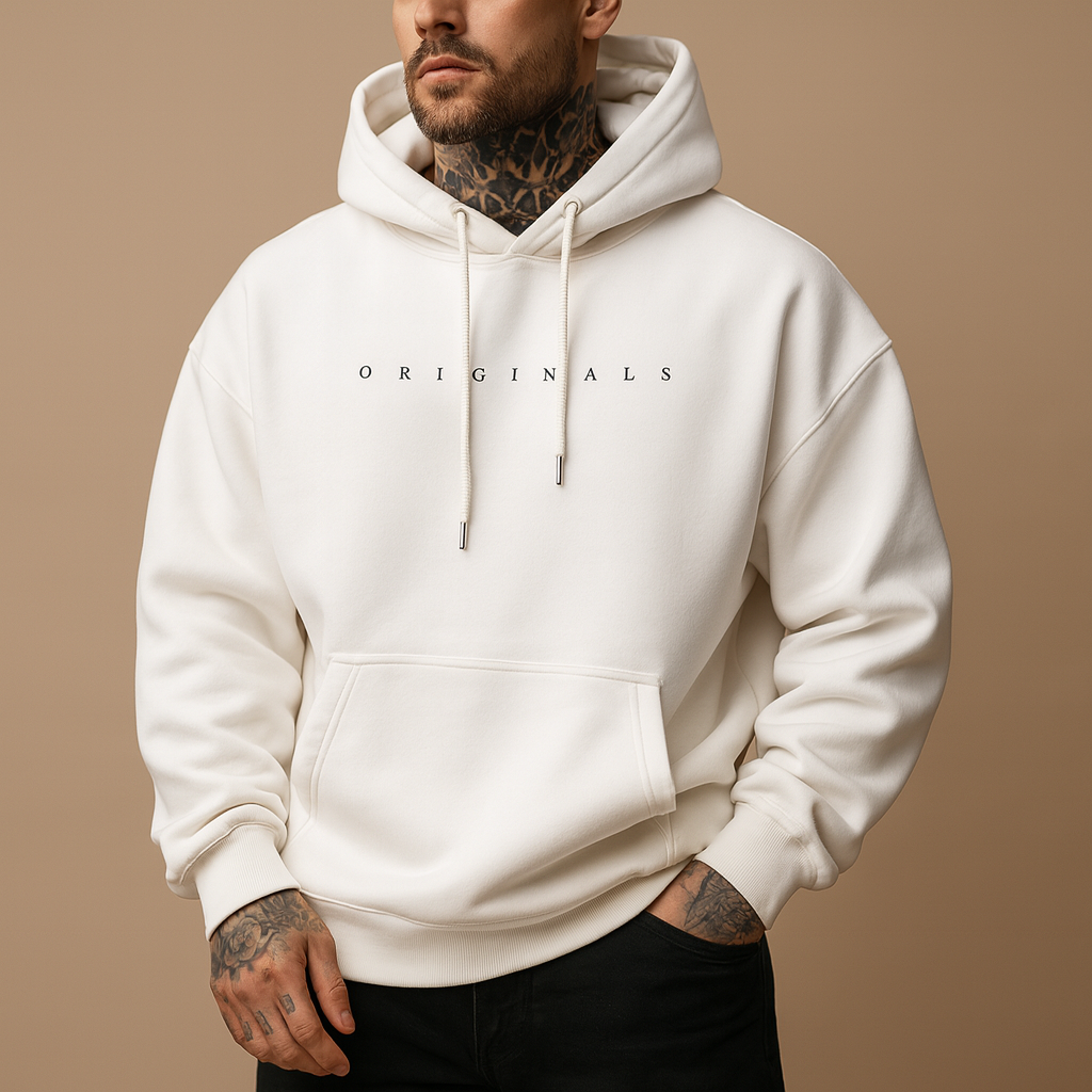 Men’s modern hoodie with hood in black, white, and yellow, perfect for autumn and winter casual wear.