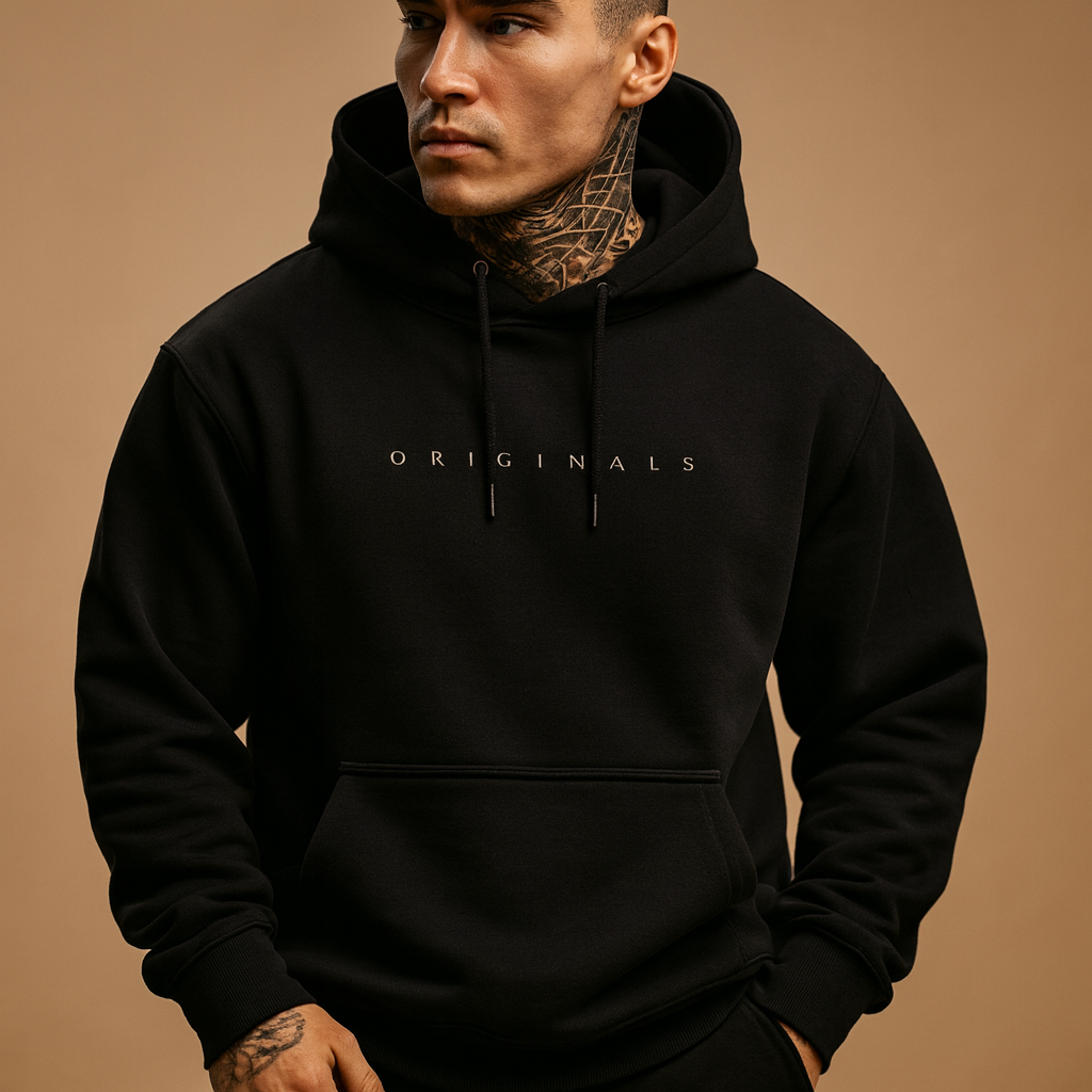 Men’s modern hoodie with hood in black, white, and yellow, perfect for autumn and winter casual wear.