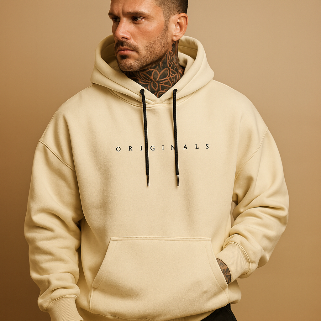 Men’s modern hoodie with hood in black, white, and yellow, perfect for autumn and winter casual wear.