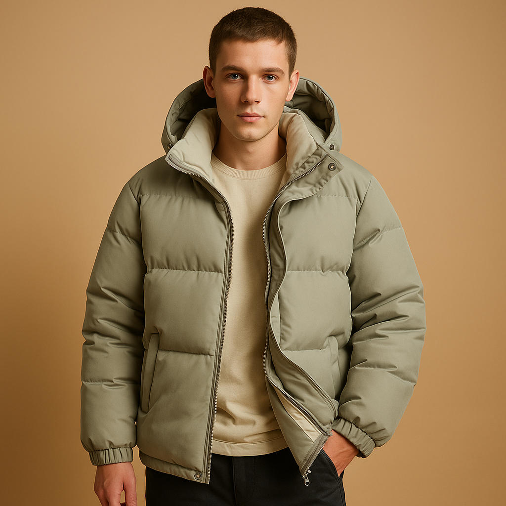Men’s modern puffer jacket with hood, lightweight and warm with quilted insulation, perfect for winter and outdoor use.