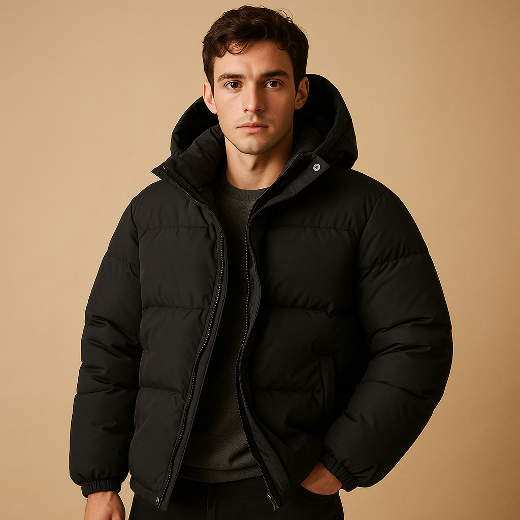 Men’s modern puffer jacket with hood, lightweight and warm with quilted insulation, perfect for winter and outdoor use.