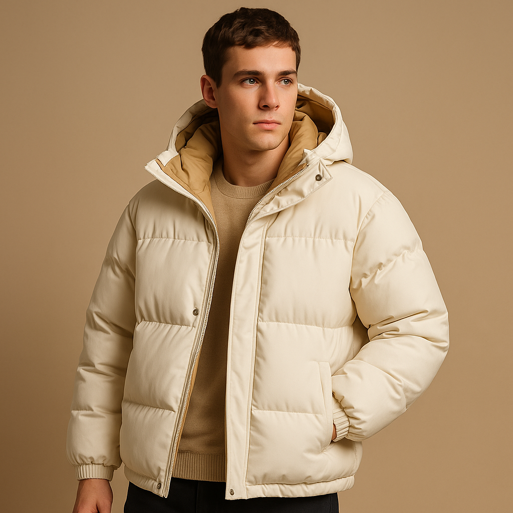 Men’s modern puffer jacket with hood, lightweight and warm with quilted insulation, perfect for winter and outdoor use.