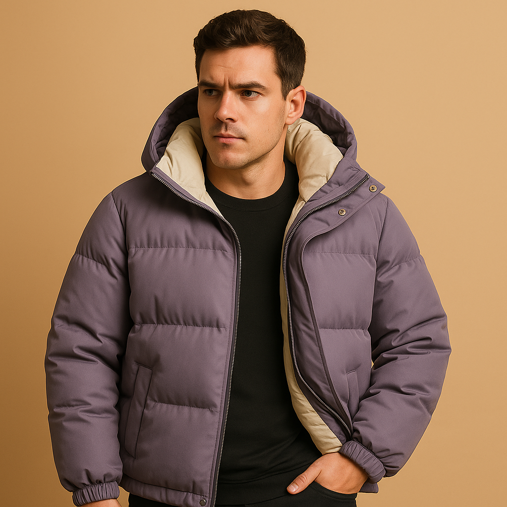 Men’s modern puffer jacket with hood, lightweight and warm with quilted insulation, perfect for winter and outdoor use.