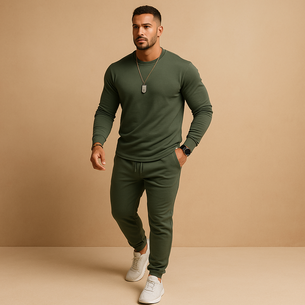 Men’s modern slim-fit tracksuit with ribbed finish and adjustable waistband, perfect for casual wear and relaxed days.