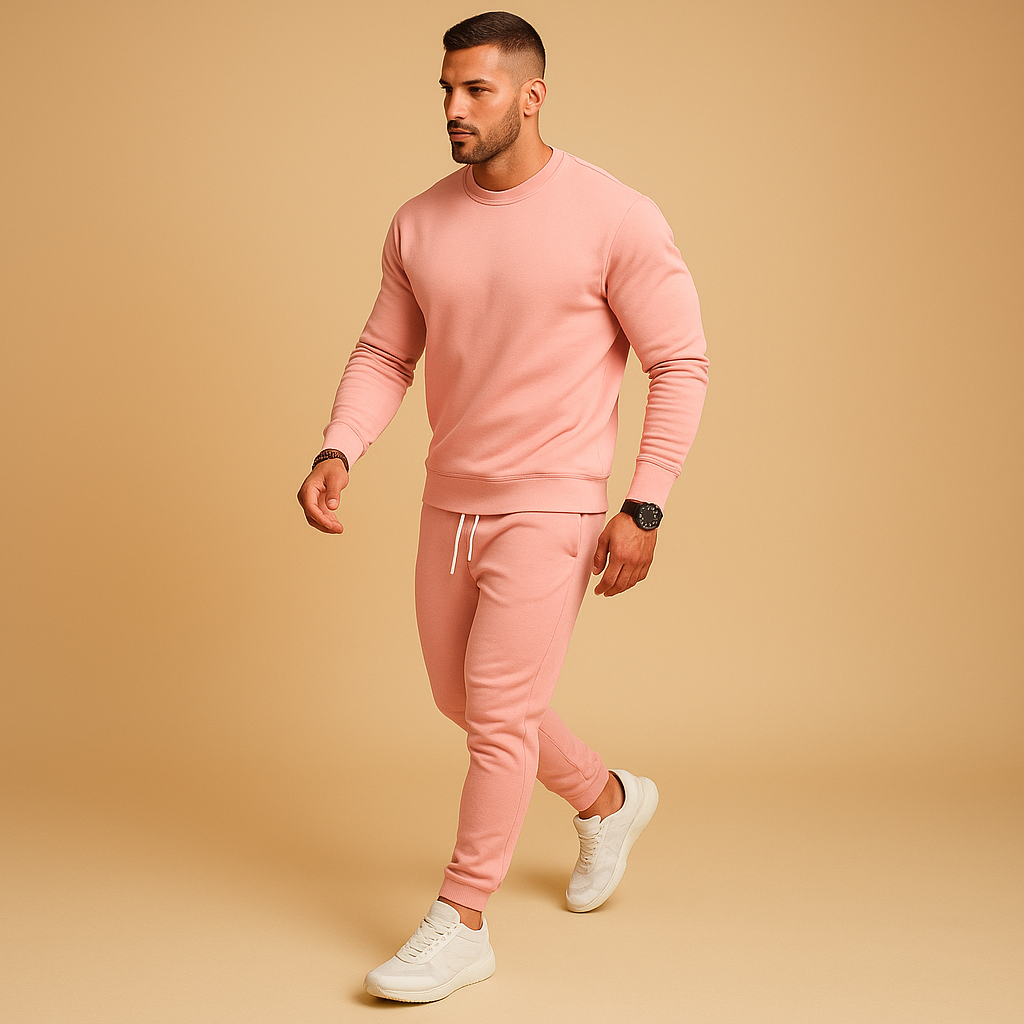 Men’s modern slim-fit tracksuit with ribbed finish and adjustable waistband, perfect for casual wear and relaxed days.