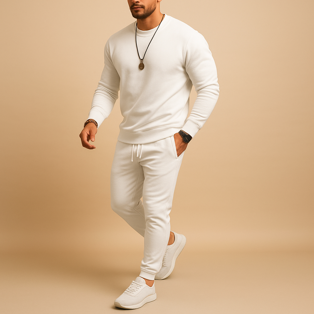 Men’s modern slim-fit tracksuit with ribbed finish and adjustable waistband, perfect for casual wear and relaxed days.