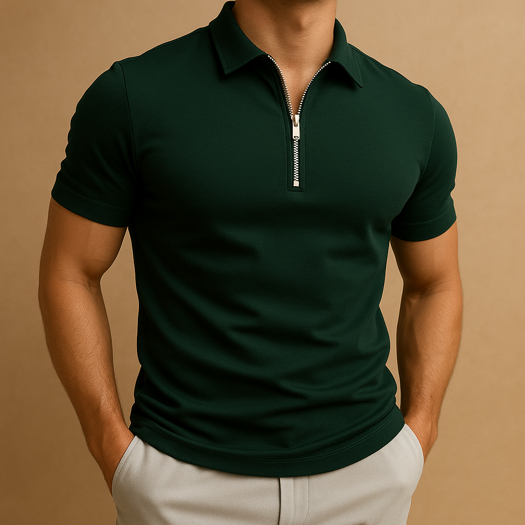 Modern zip polo shirt for men with slim fit, breathable fabric, and stylish zip collar, perfect for work, leisure, and casual wear.