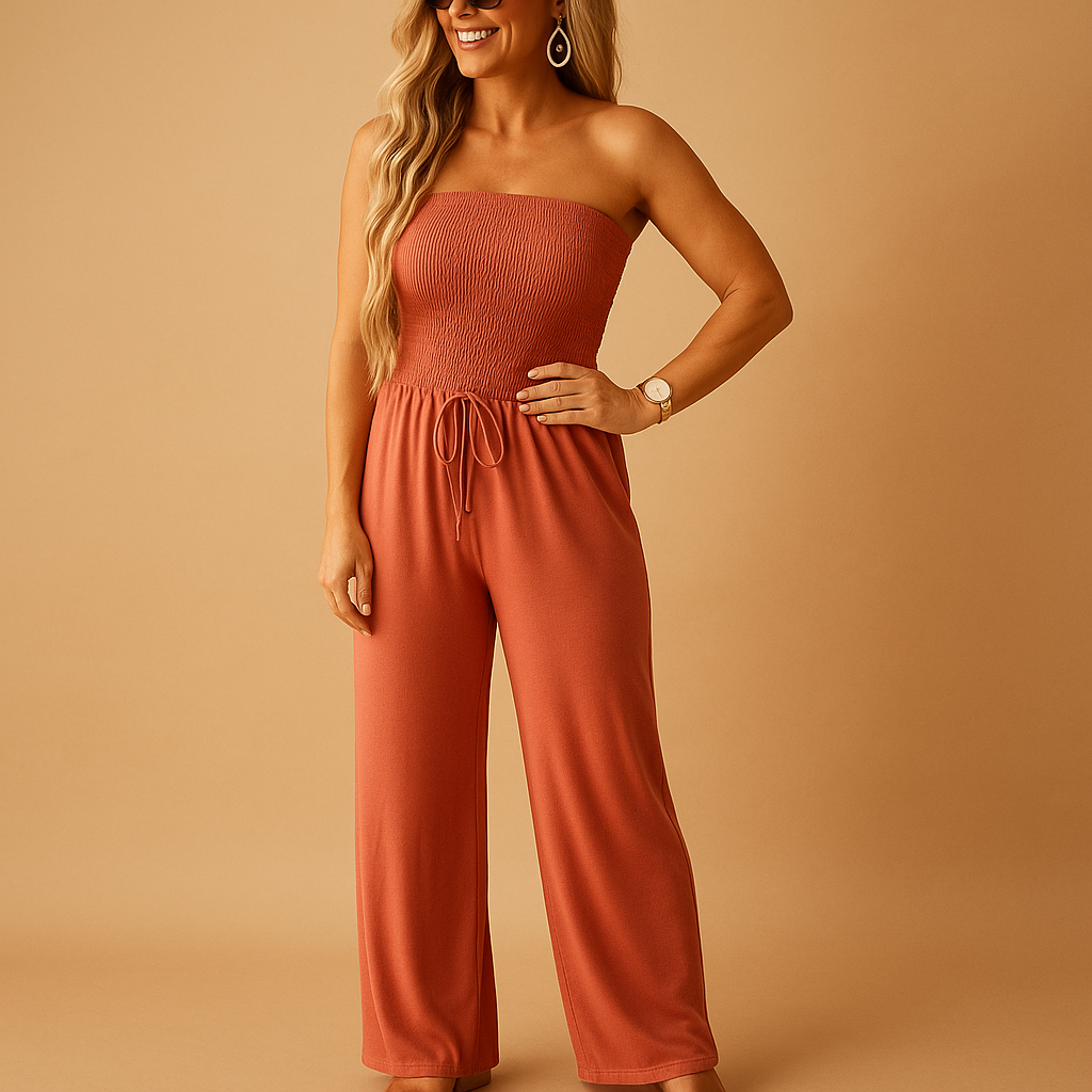 Elegant women’s off-shoulder summer jumpsuit in orange with a flattering fit and pockets, perfect for casual outings, summer parties, and relaxed days.