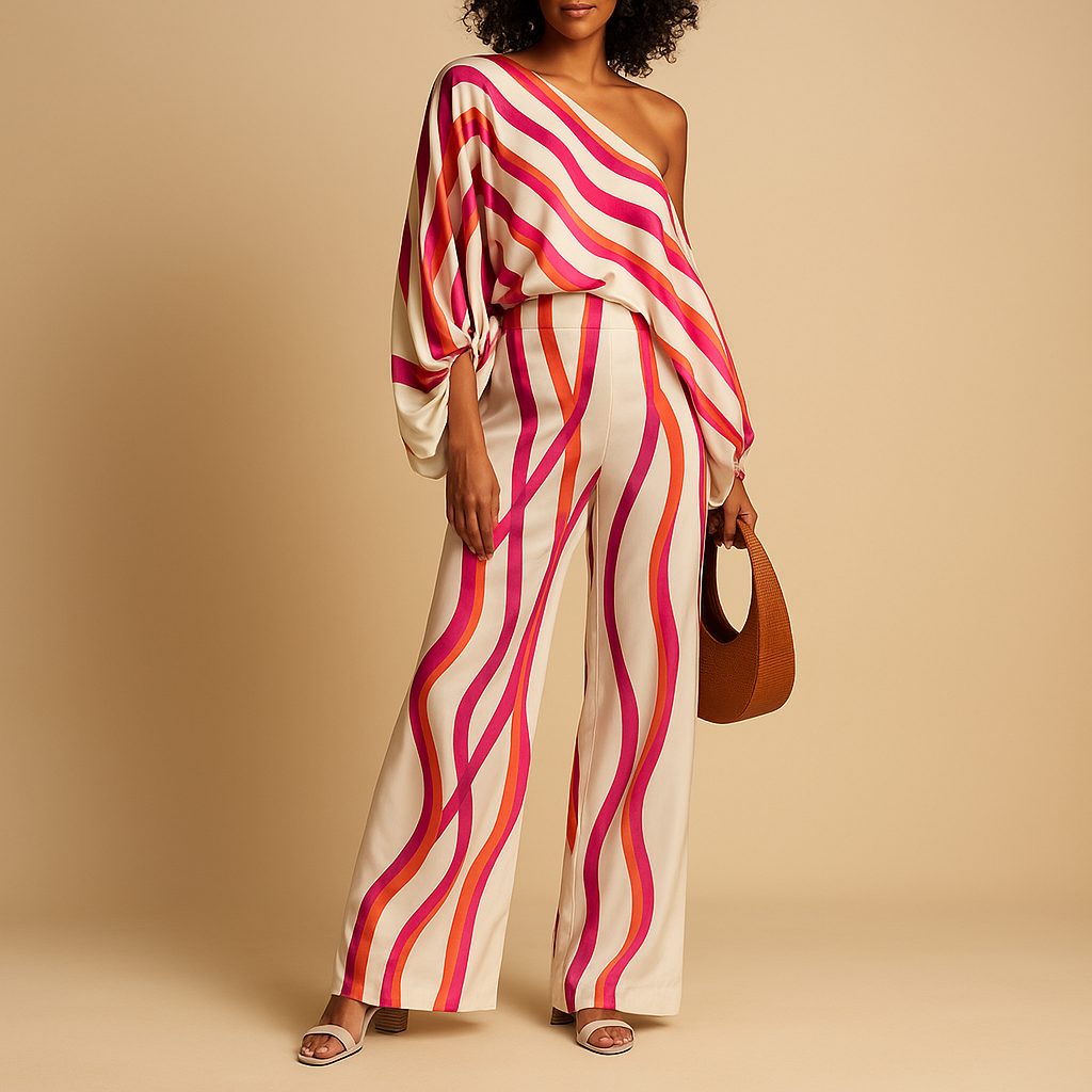 Two-piece summer set for women with off-shoulder balloon-sleeve top and wide-leg pants, perfect for vacations, dinners, and everyday wear.
