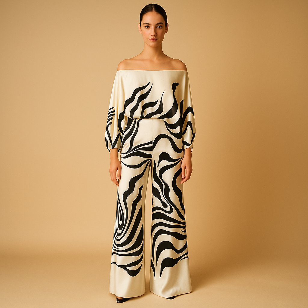 Two-piece summer set for women with off-shoulder balloon-sleeve top and wide-leg pants, perfect for vacations, dinners, and everyday wear.