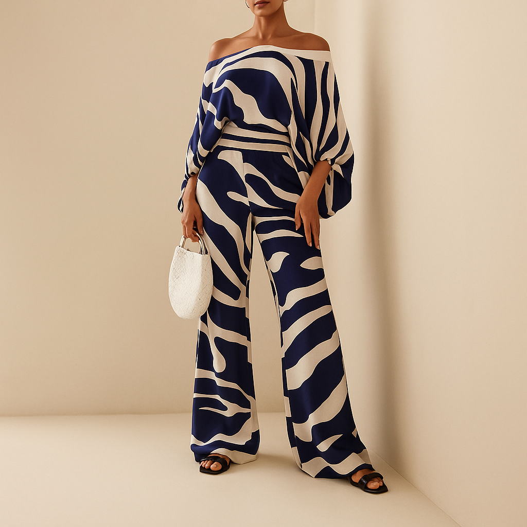 Two-piece summer set for women with off-shoulder balloon-sleeve top and wide-leg pants, perfect for vacations, dinners, and everyday wear.
