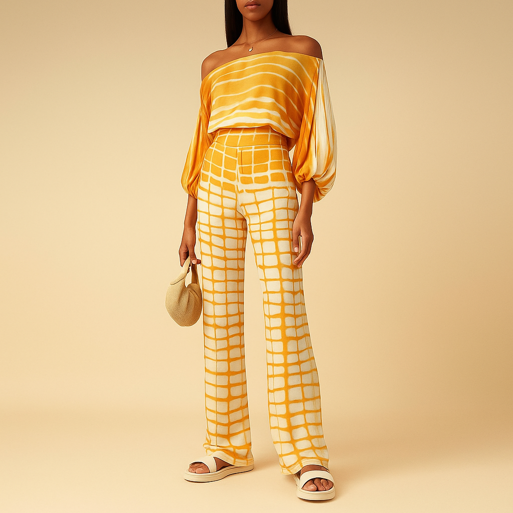 Two-piece summer set for women with off-shoulder balloon-sleeve top and wide-leg pants, perfect for vacations, dinners, and everyday wear.